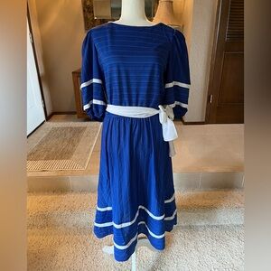 Vintage 70’s 80’s Just Ducky Blue White Striped Midi Dress 18 L XL